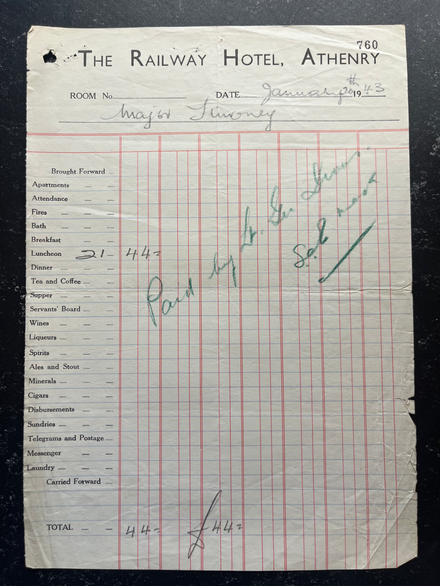 Receipt for railway hotel - roughly 281 Euros in 2026 money.